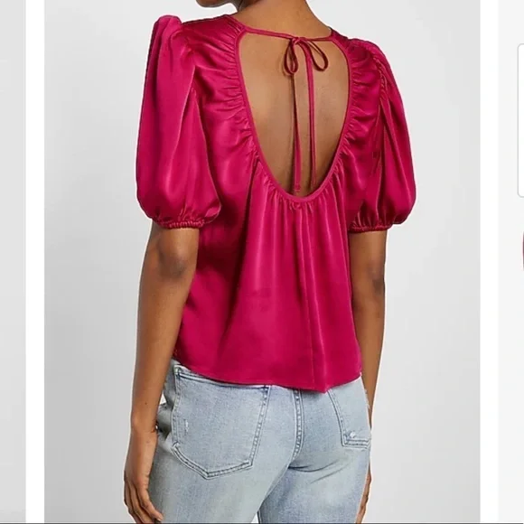 Express Satin Open Back Puff Sleeve Top Size Large - Picture 2 of 8